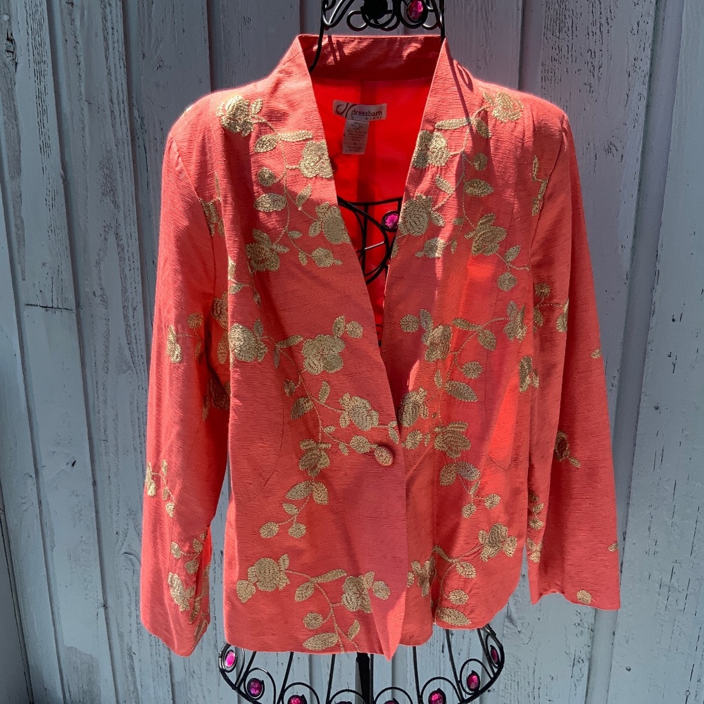 Dress Barn Women Coral Silk Blazer/Jacket w/Embroidered Roses (1X)